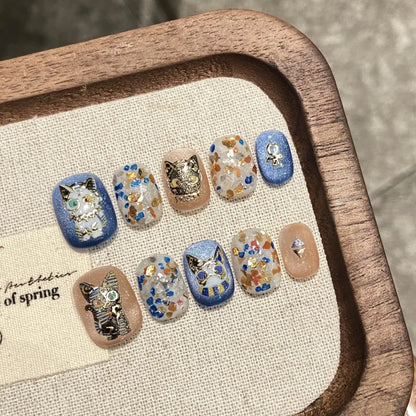 10Pcs Pink Handmade Press-On Nails – Short French Style with Flowers, Butterflies & Rhinestones, Full Cover Nail Tips