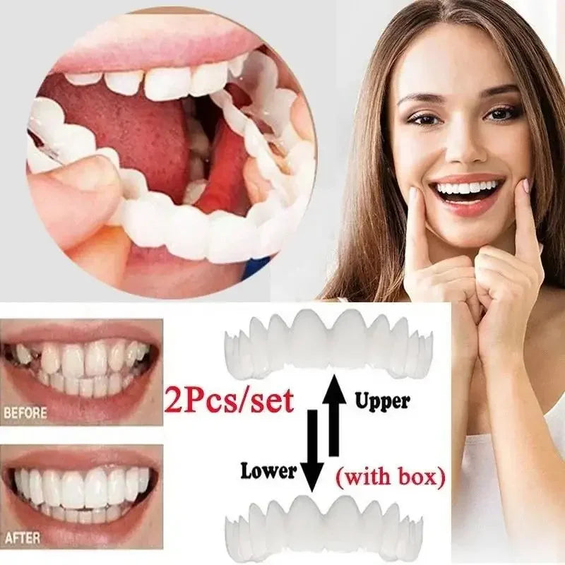 Invisible Fake Teeth Veneer Kit - 2 Sets of Upper and Lower Dental Covers with Brush & Storage Box