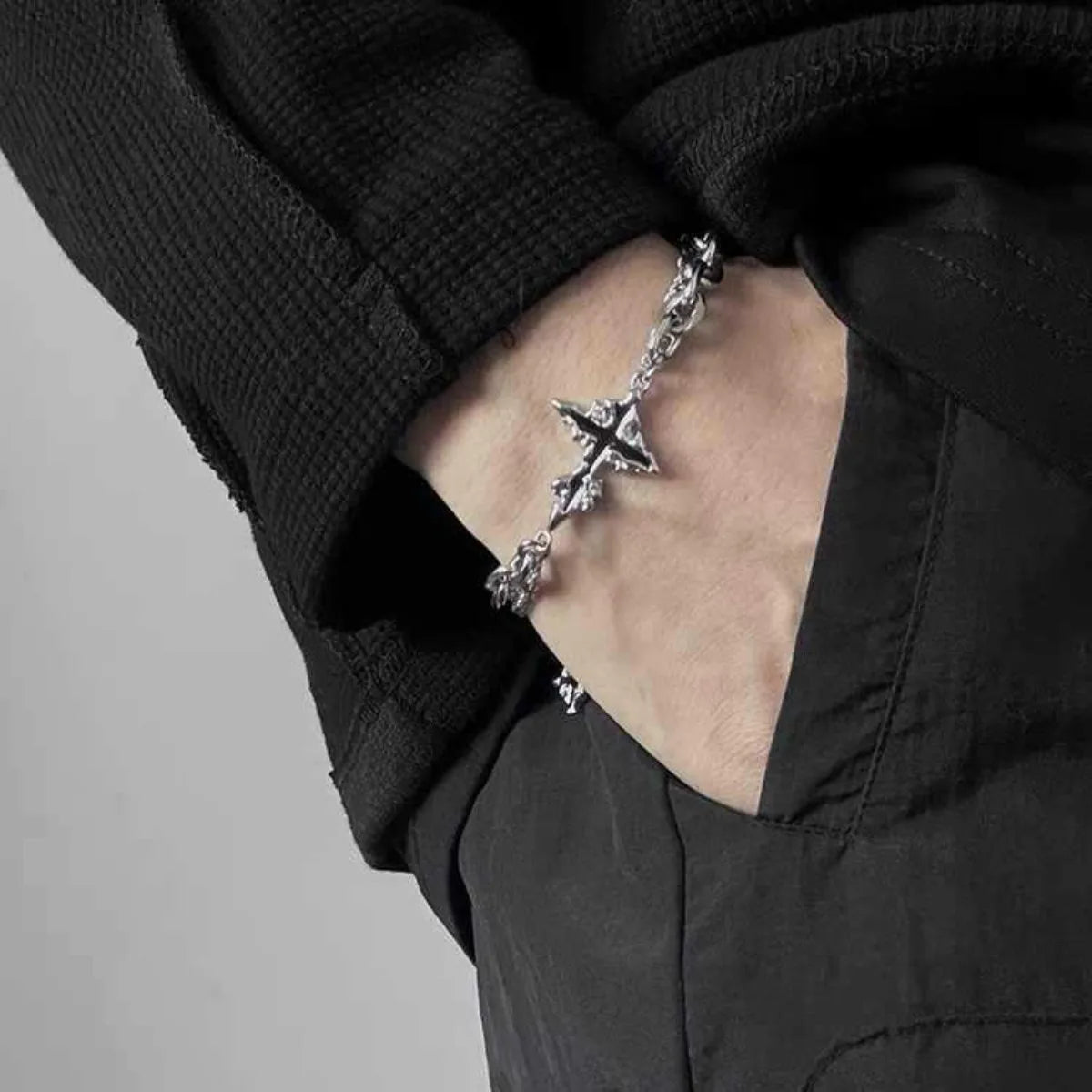 Men’s Dark Cross Bracelet - Stainless Steel Punk Chain Jewelry for Parties & Everyday Wear