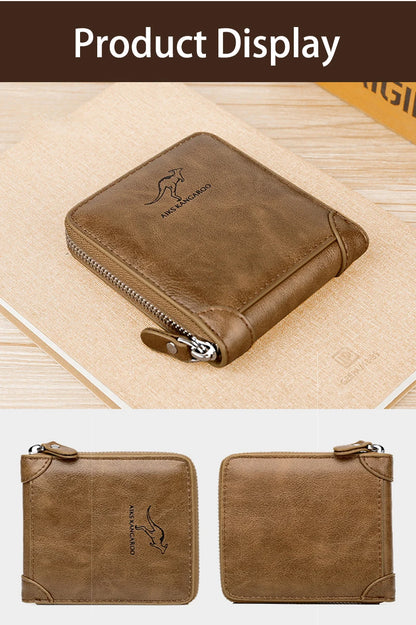 Luxury Leather Men's Wallet – RFID Zipper Card Holder with Coin Pocket, Perfect Gift for Men