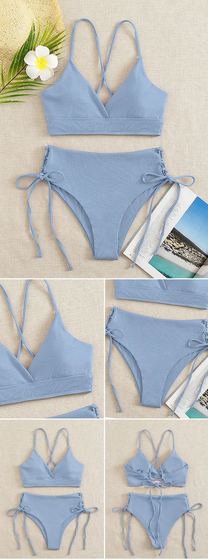 Cikini V-Neck Split Bikini Set – Sexy Lace-Up Triangular Solid Color Swimwear for Women
