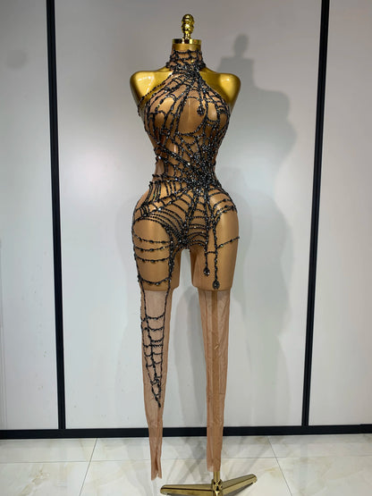 Sparkly Diamond Mesh Jumpsuit for Women - Sexy Rhinestone Nightclub, Stage Performance, Go-Go Dancer, and Drag Queen Costume