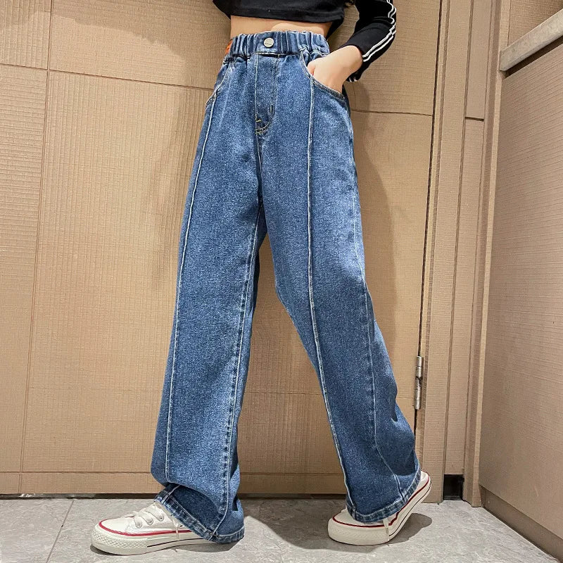 New 2024 Teenage Girls’ Blue Street Cartoon Jeans – Elastic Mid-Waist Loose Wide-Leg Denim Pants for Spring Fashion