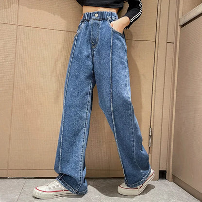 New 2024 Teenage Girls’ Blue Street Cartoon Jeans – Elastic Mid-Waist Loose Wide-Leg Denim Pants for Spring Fashion