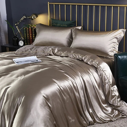 Silk Bedding Set With Duvet Cover - Luxury Satin Bed Sheet Pillowcase Set Solid Color King Queen Twin Size