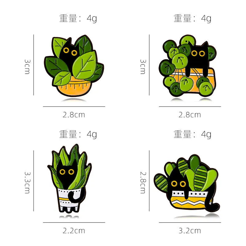 Black Cat in Plants Enamel Pins - Cute Potted Plant Animal Lapel Brooches for Backpacks, Kids and Gift Collectors