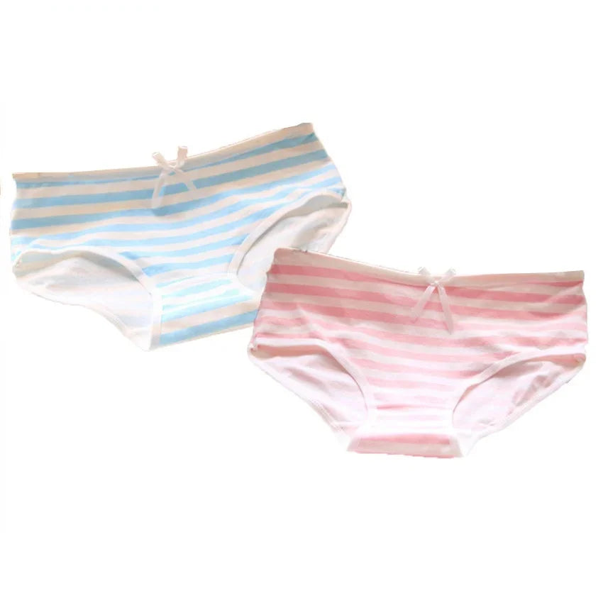 Kawaii Lolita Girls' Intimate Panties – Japanese Anime Style Briefs with Bow, Cosplay Underwear in Blue, Pink, and White Stripes