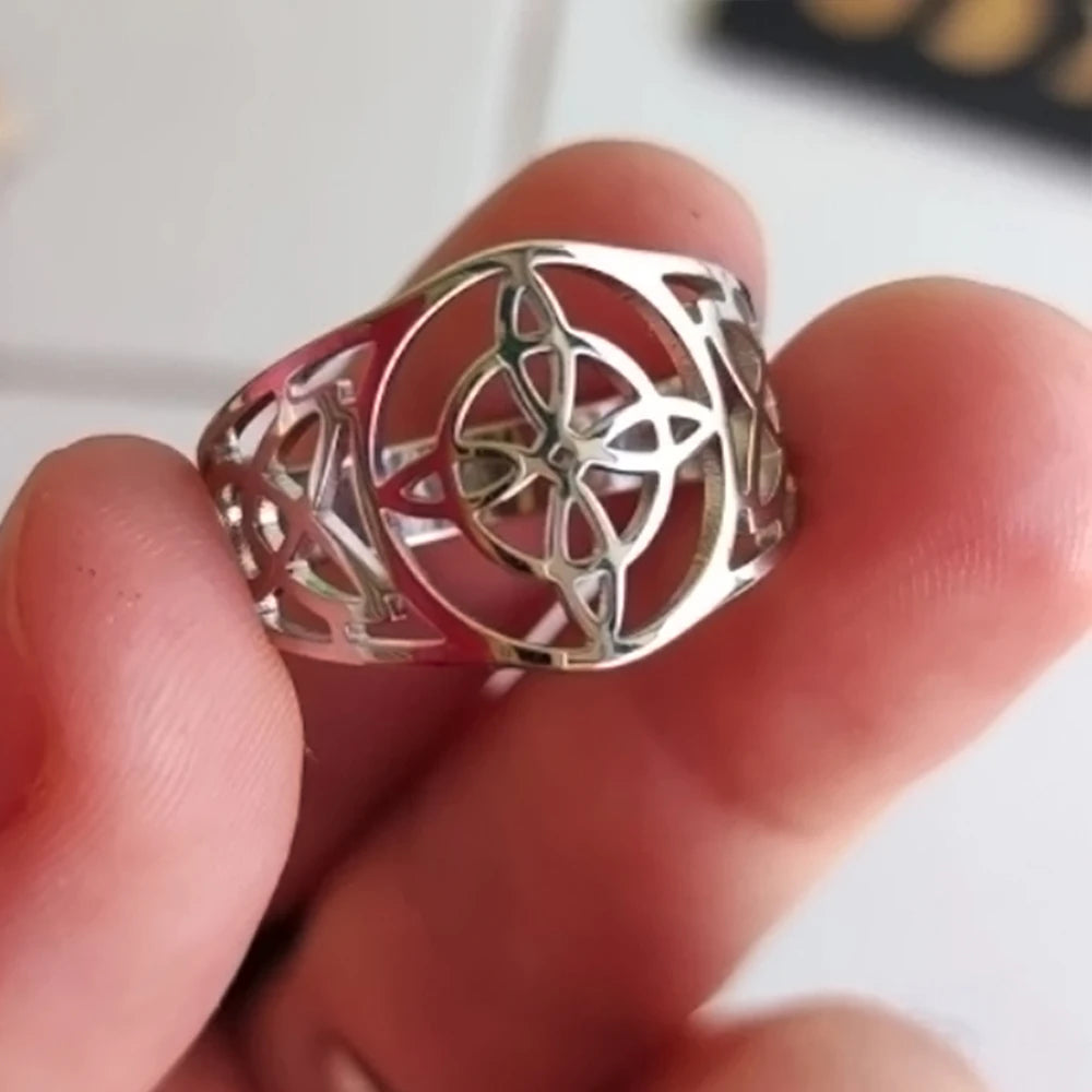 LIKGREAT Witch Knot Ring – Hollow Stainless Steel Celtic Amulet, Protection Jewelry for Men & Women, Couple Gifts