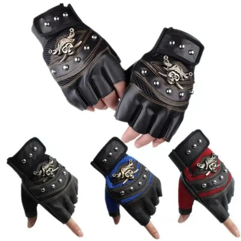 Pirate Skull PU Leather Fingerless Gloves for Men & Women – Hip Hop, Gym, Moto Half-Finger Mitts with Rivets