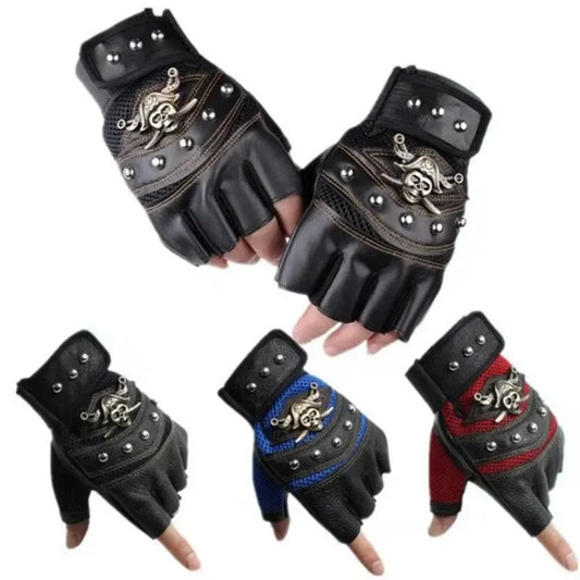 Pirate Skull PU Leather Fingerless Gloves for Men & Women – Hip Hop, Gym, Moto Half-Finger Mitts with Rivets