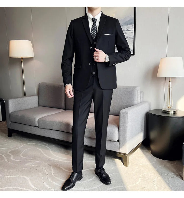 High-Quality Men’s 3-Piece Suit Set — Business Casual & Wedding Outfit (Jacket + Vest + Trousers), 2024 Fashion Banquet, Sizes S-6XL
