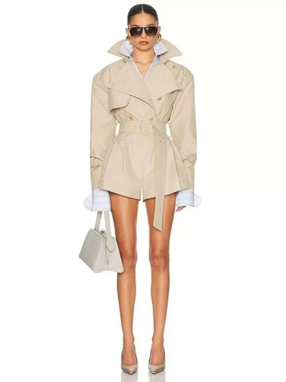 Women’s Winter Sexy Lapel Long Sleeve Belted Double-Breasted Jumpsuit Shorts, Elegant Evening Party Runway Outfit