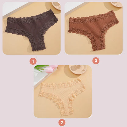 3PCS Lace Seamless Cotton Panties - Ribbed Brazilian Low Waist, Breathable Women’s Underwear, Plus Size Lingerie