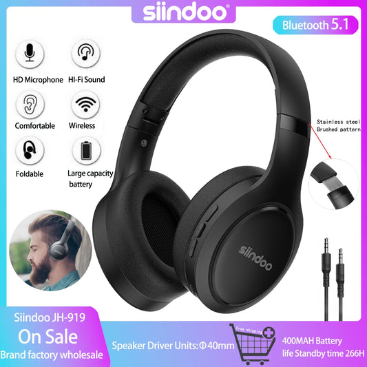 Siindoo JH-919 Wireless Bluetooth Headphones - Foldable Stereo Earphones with Super Bass, Noise Reduction, and Mic for iPhone, Laptop, PC, TV