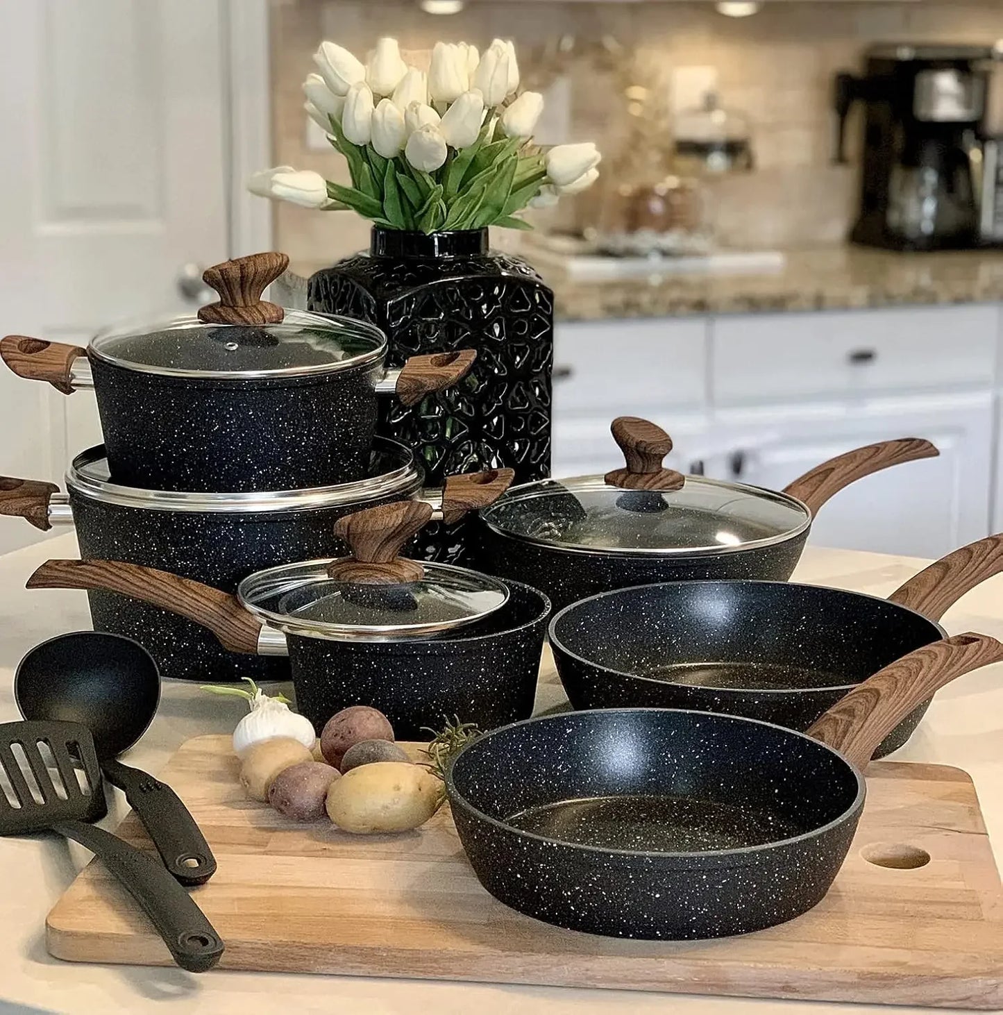 12 Piece Granite Black Nonstick Cookware Set - Induction Ready Pots and Pans