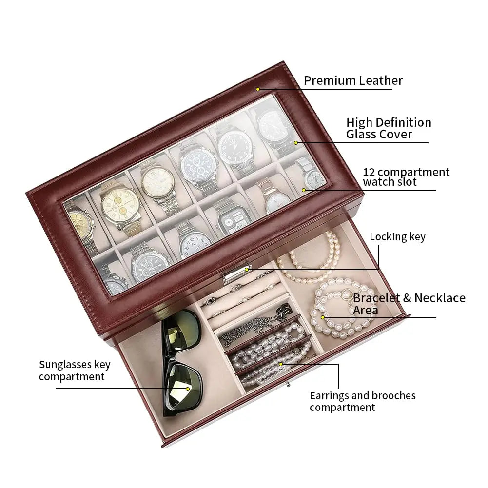 2024 12-Slot Leather Watch Storage Box — Lockable 2-Tier Organizer & Jewelry Display Drawer for Men & Women