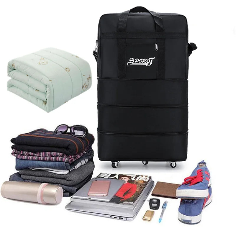 Foldable Trolley Travel Bag with Wheels – Expandable Black Luggage for Men & Women, Ideal for Weekend Trips & Overnight Travel