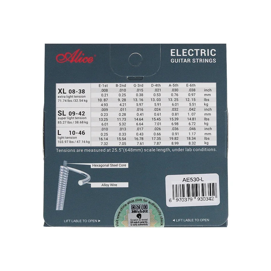 Alice AE530 Electric Guitar Strings — Hexagonal Steel Core, Nickel-Plated Alloy Wound (008-038 / 009-042 / 010-046) Practice Set