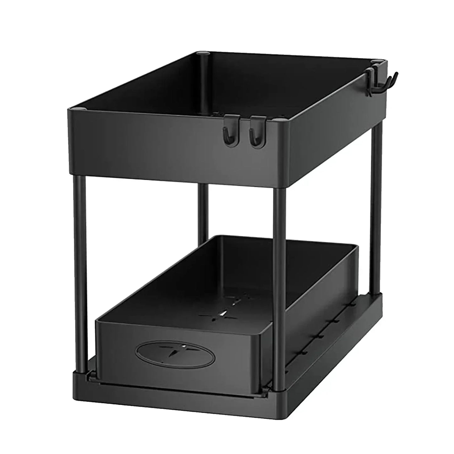 2-Tier Under Sink Sliding Organizer — Cabinet Basket Storage Rack with Hooks for Bathroom & Kitchen Cups