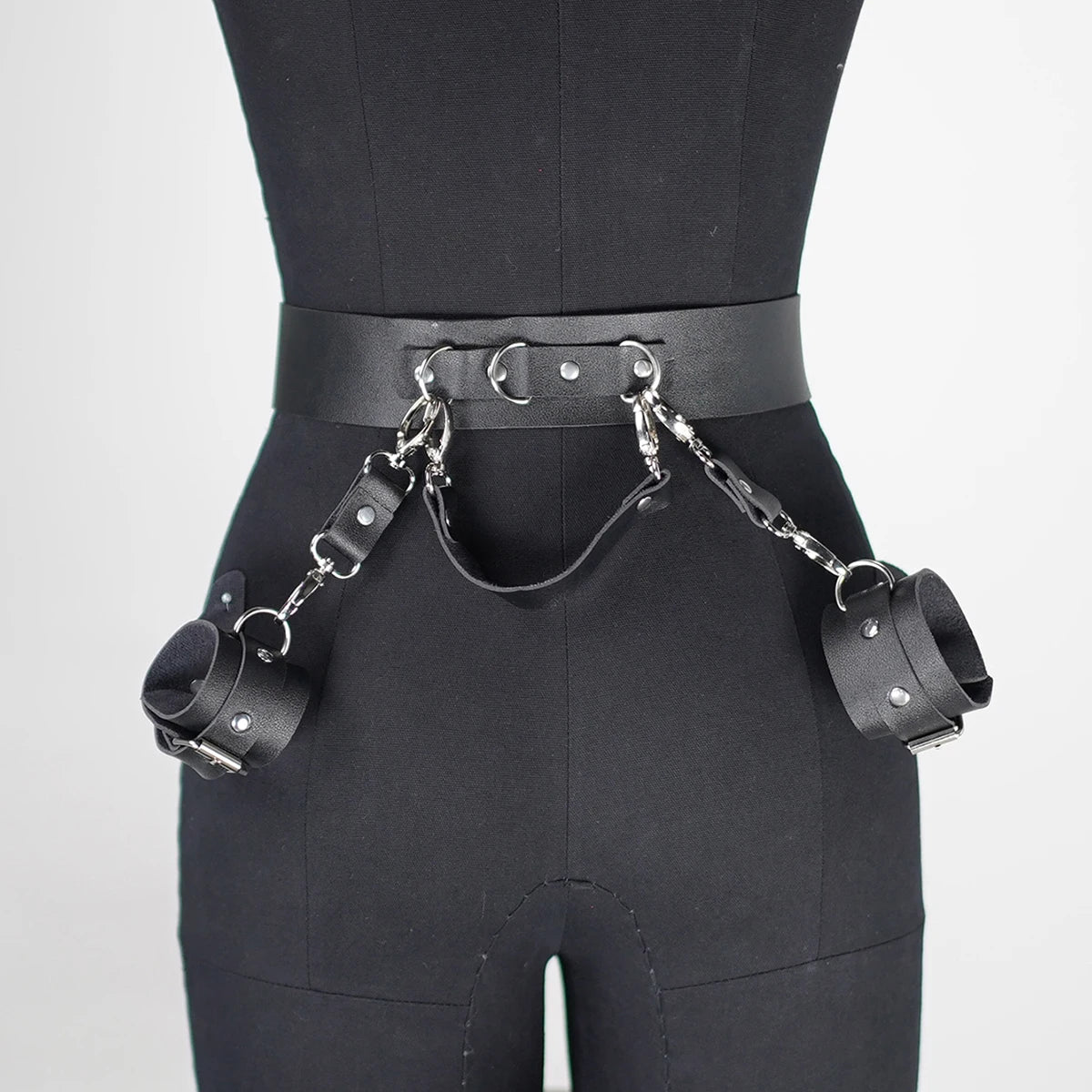 Adjustable Black Leather Body Harness with Cuffs - Gothic Rave Fashion Accessory for Women