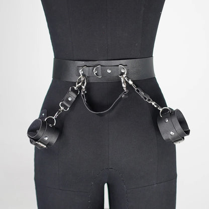 Adjustable Black Leather Body Harness with Cuffs - Gothic Rave Fashion Accessory for Women