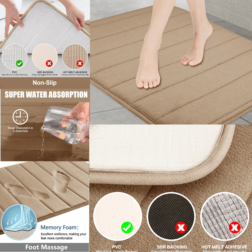 3PC Set Non-Slip Memory Foam Bath Mats - Soft, Water Absorbent, Quick-Dry, Machine Washable Floor Rugs