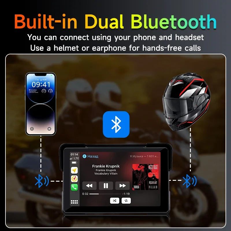 5/7 Inch Motorcycle CarPlay DVR Navigation GPS Monitor – Wireless Android Auto, Airplay, IPX7 Waterproof Portable Display