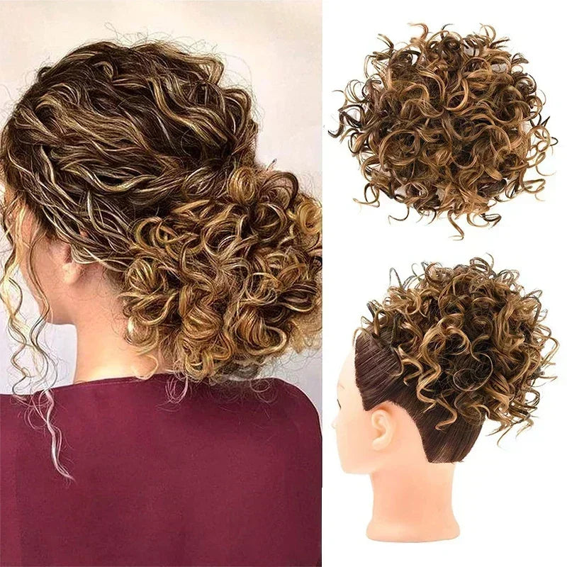 Synthetic Messy Curly Hair Bun – Short Loose Wave Updo Ponytail, Blonde Chignon Hairpiece, Heat-Resistant Extensions for Women