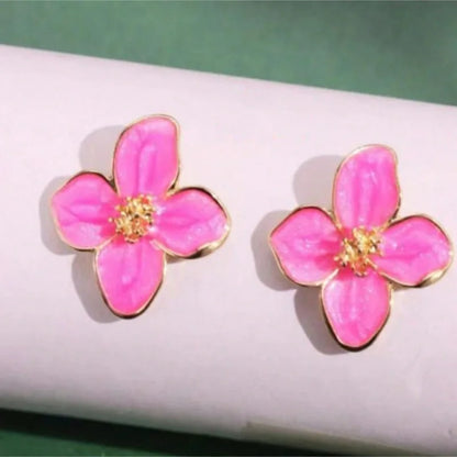 Hibiscus Flower Dropped Glaze Stud Earrings — French Vintage 2024 Fashion Jewelry for Women & Girls, Romantic Wedding Gift