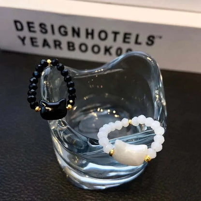 Natural Moonstone Obsidian Cat Rings - Minimalist Beaded Fidget Rings Black & White Couple Jewelry for Women & Men Party Accessories
