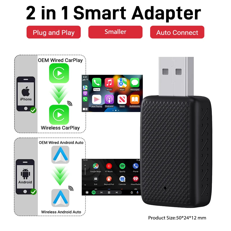 2025 Wired to Wireless CarPlay 2 in 1 Mini Adapter – Android Auto Smart Box, Plug & Play, OTA Update, Universal Compatibility