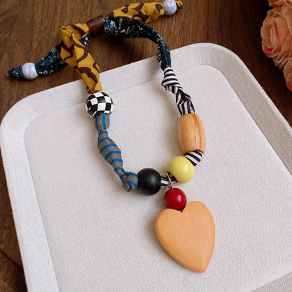 Printed Fabric Choker Necklace - Ethnic Heart Pendant Acrylic Wood Bead Charm Jewelry for Women