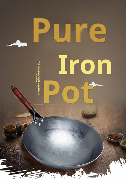 30cm Traditional Hand-Forged Iron Frying Pan, Non-Coated with Wooden Handle, Old-Style Household Cookware
