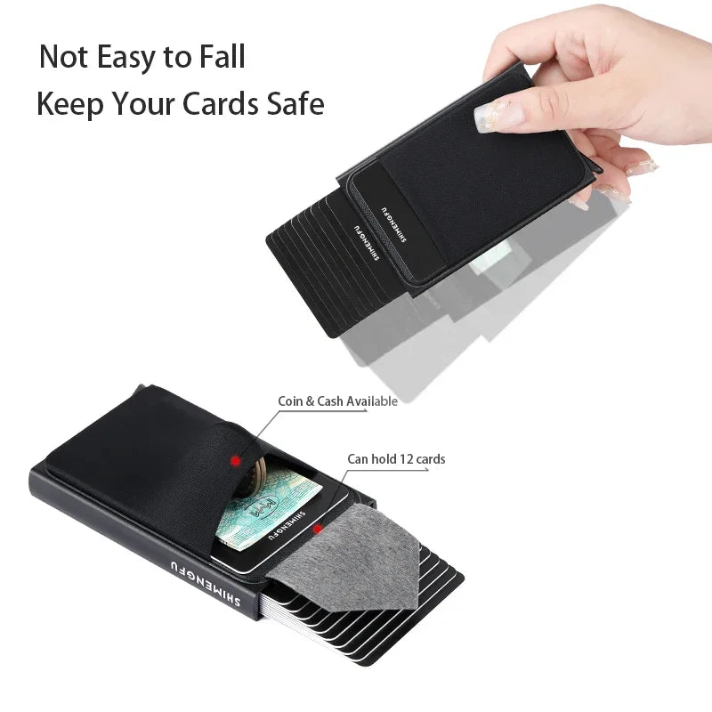 Automatic Flip Card Holder Sleeve — Large Capacity Metal Wallet with 12 Slots, Anti-Theft Credit Card Case for Men