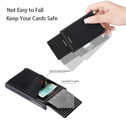 Automatic Flip Card Holder Sleeve — Large Capacity Metal Wallet with 12 Slots, Anti-Theft Credit Card Case for Men