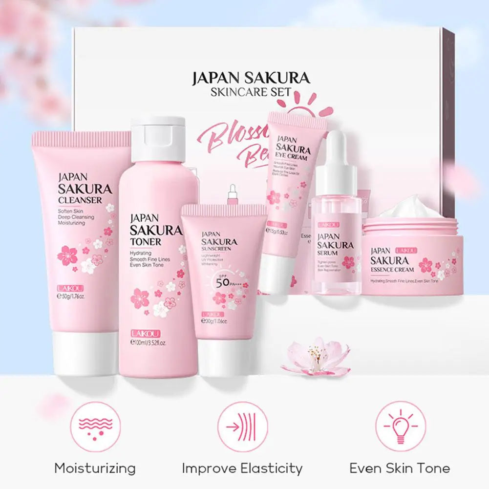 6pcs Sakura Skin Care Set – Face Cream, Serum, Toner, Cleanser, Sunscreen & Eye Cream, Complete Facial Care Gift Box