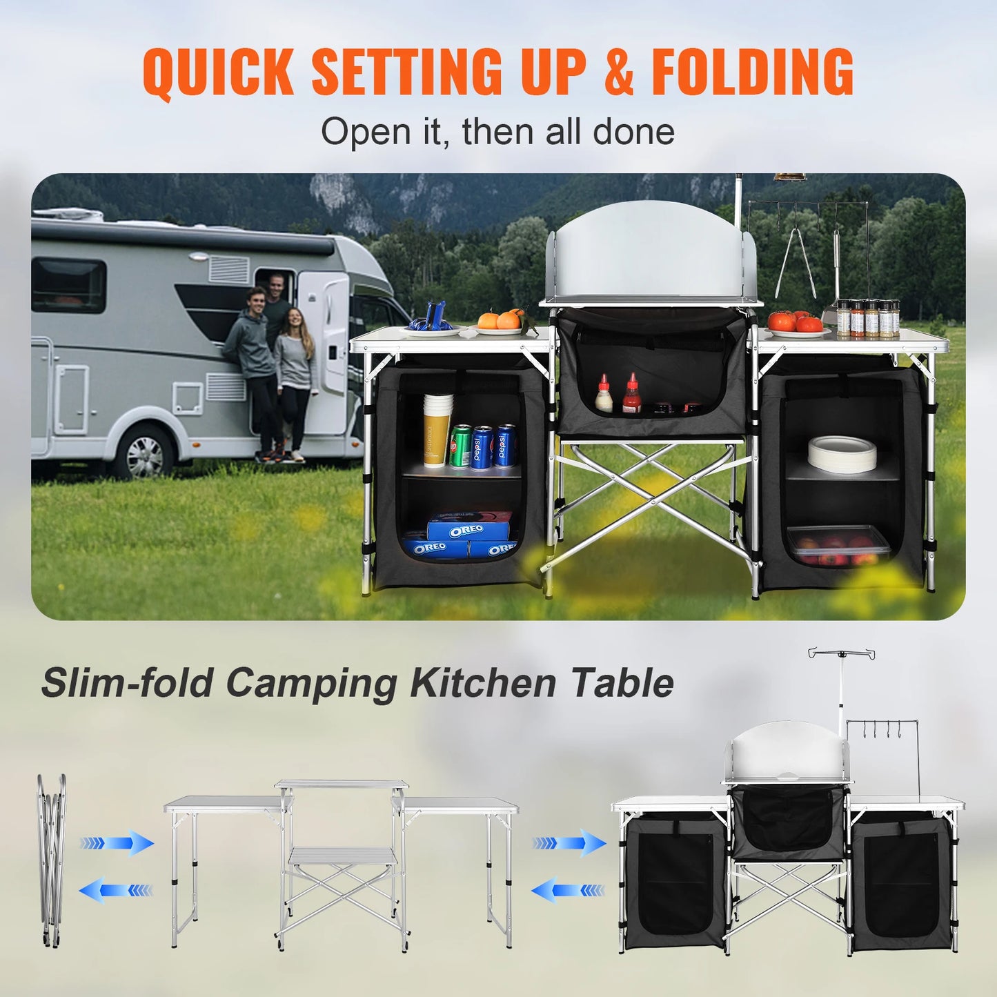 VEVOR Foldable Camping Kitchen Table – Outdoor Cooking Cabinet with Storage Rack & X-Shaped Aluminum Alloy Frame for BBQ & Picnic