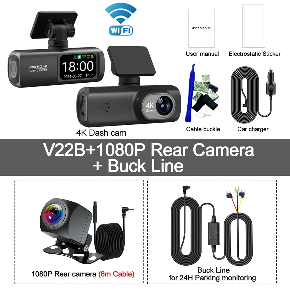 UHD 4K Dash Cam Dual Lens – 1080P Rear Lens, Built-in WiFi, GPS, 24-Hour Parking Monitoring Car DVR