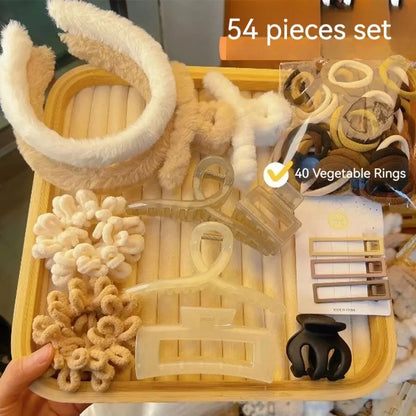 54pcs Autumn Winter Milk Tea Color Hair Bands – Large Intestine Grab Clips, High Elasticity Side Clips for Hair