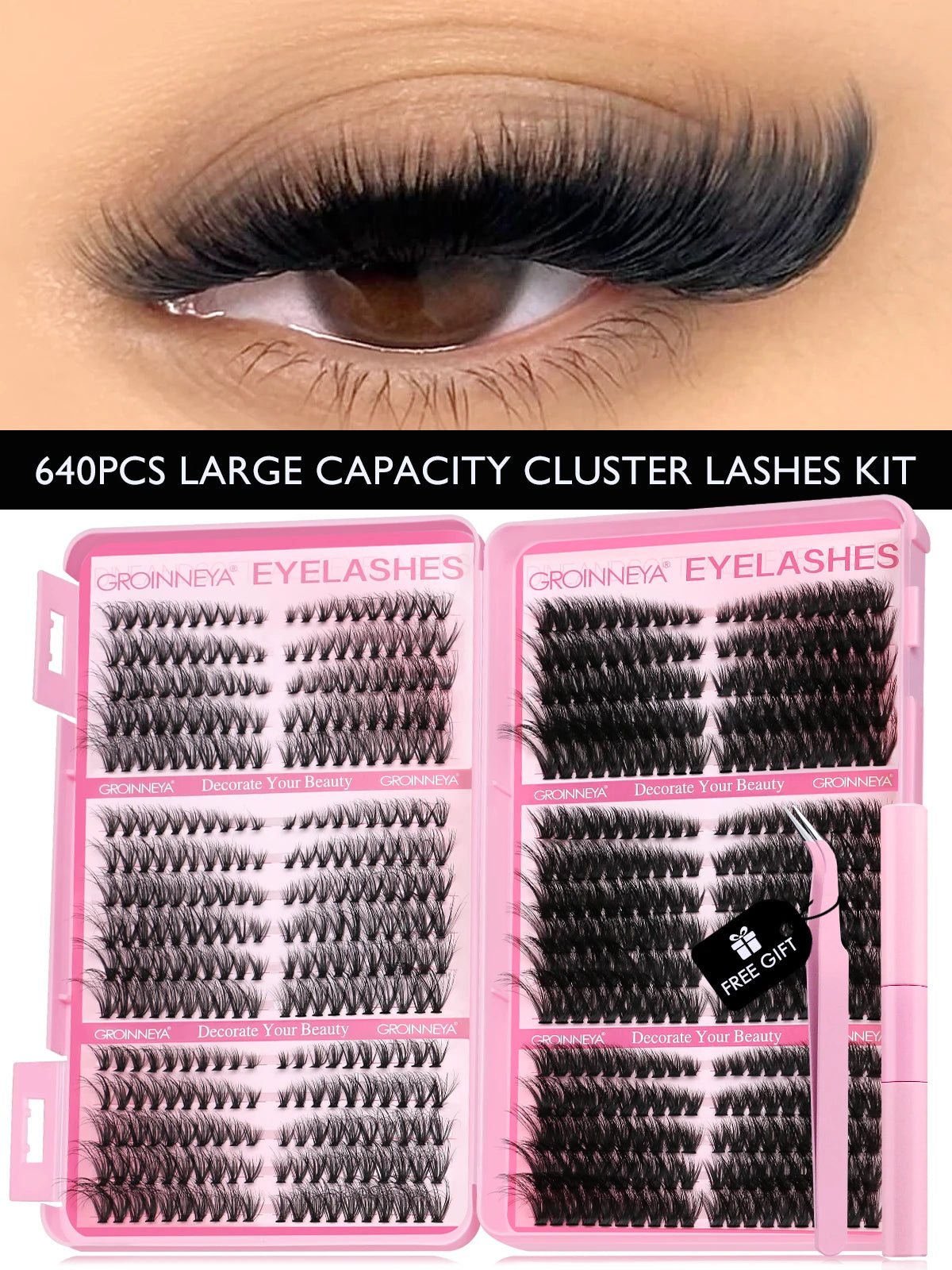 GROINNEYA Cat Lash Clusters Kit – 640pcs with Lash Bond & Seal, DIY Eyelash Extensions for Home Use