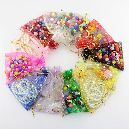 50PCS Moon & Stars Organza Drawstring Bags – Gold Star Jewelry Gift Pouches for Christmas, Weddings & Favors