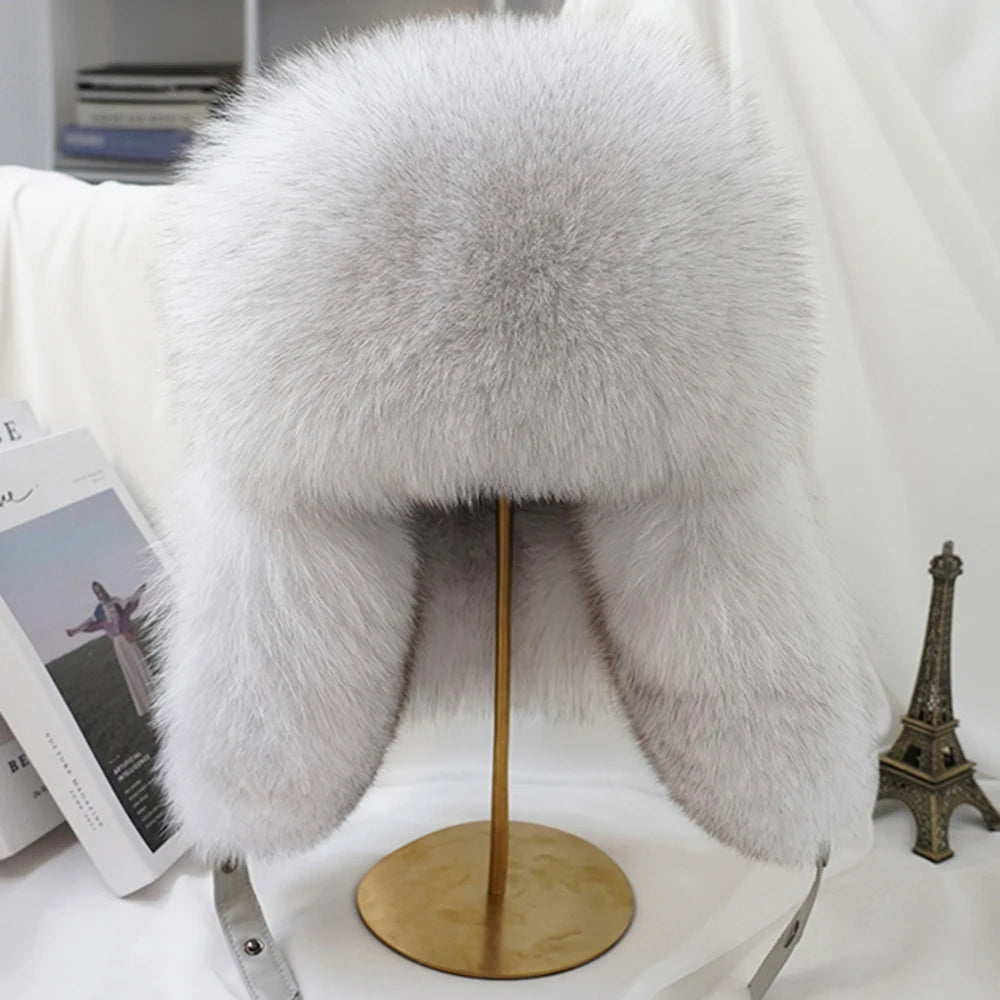 Natural Raccoon & Fox Fur Russian Ushanka Hat – Women’s Black Winter Bomber Cap with Ear Flaps