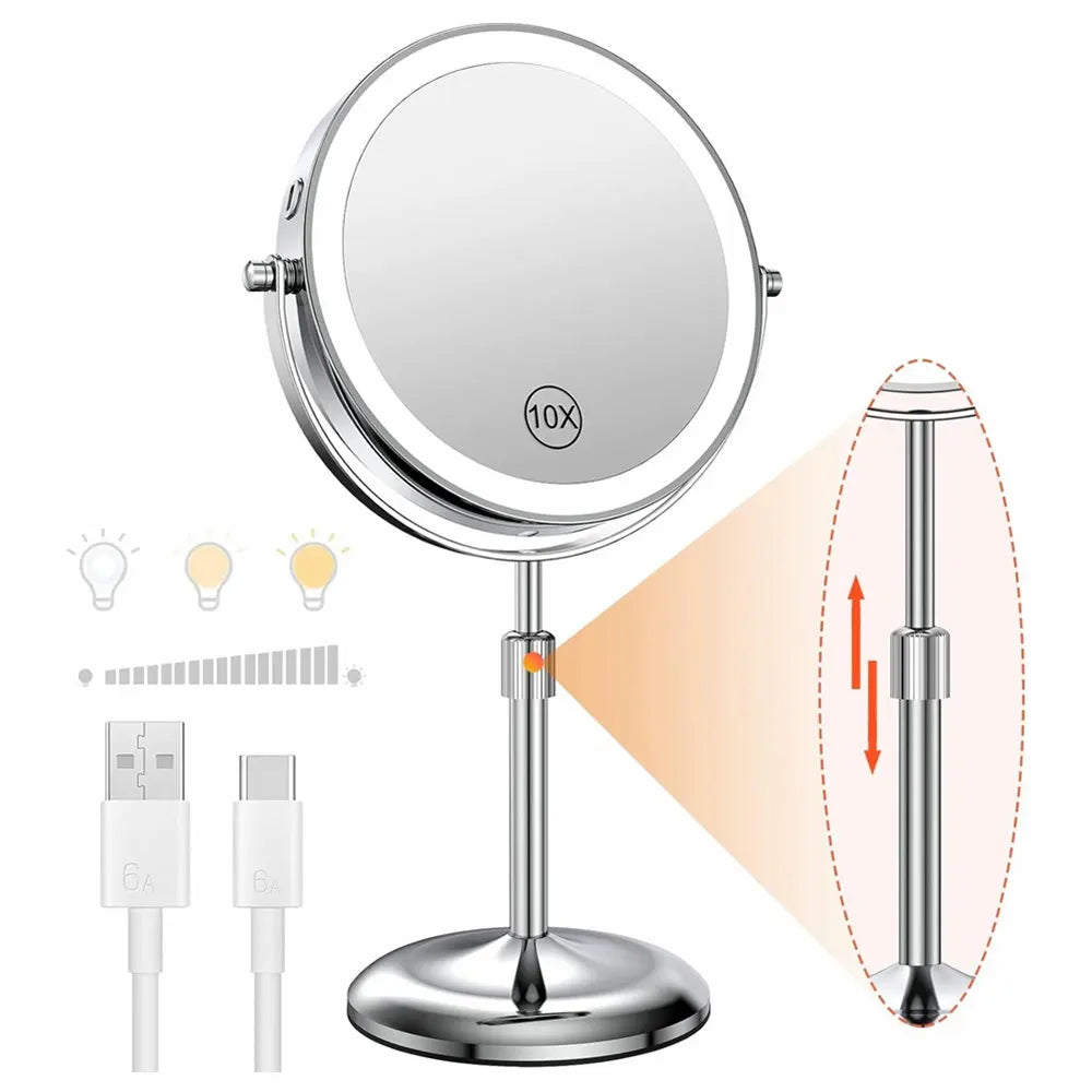 8-Inch Makeup Mirror with Light – 10X Magnification, 3 Color LED, Adjustable Brightness & Height Standing Cosmetic Mirror