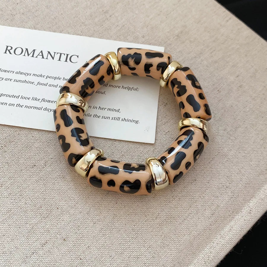 Leopard Print Bamboo Tube Acrylic Bracelets - Retro Stretch Beaded Bangles for Women & Men, Stackable Jewelry Gift