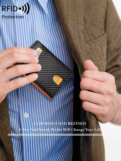 Carbon Fiber Minimalist Trifold Wallet for Men — Ultra-Thin RFID Wallet with ID Window, 13 Card Slots & Coin Holder