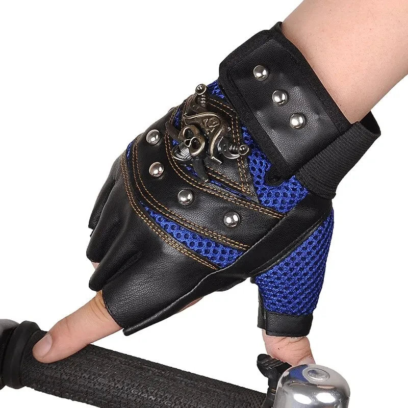 Pirate Skull PU Leather Fingerless Gloves for Men & Women – Hip Hop, Gym, Moto Half-Finger Mitts with Rivets
