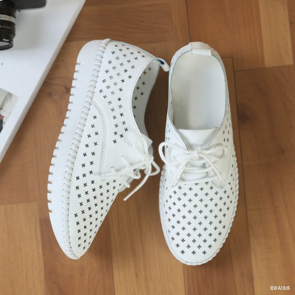 Women’s Genuine Leather Casual Flats - Hollow Lace-Up Loafers & Lightweight Boat Shoes