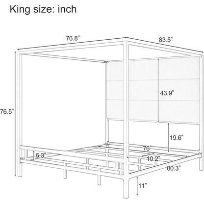 Modern King Size Canopy Bed Frame - Tall Linen Upholstered Headboard Metal 4-Poster Bed with Gold & Tan Design
