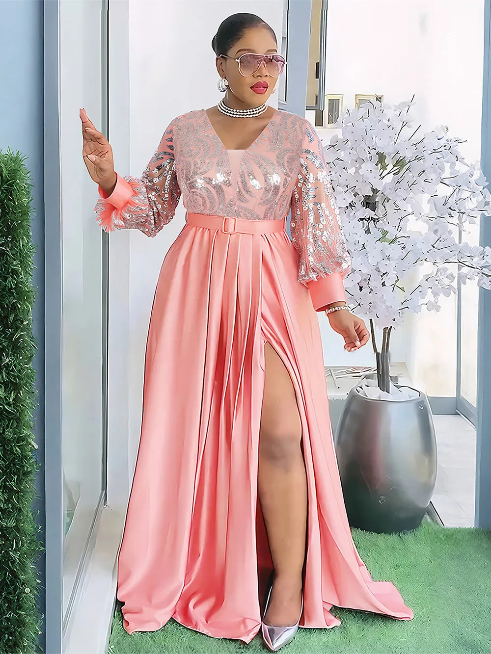 African Dresses for Women - 2025 Plus Size Sequin Evening Party Long Dress Dashiki Ankara Fashion Outfit