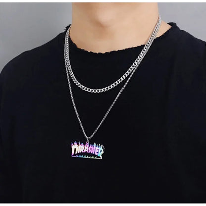 Trendy Hip-Hop Stainless Steel Letter & Flame Pendant Necklace | Street Style Rock Jewelry for Men & Women